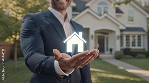 A male realtor holds a house symbol in his hand, outdoor