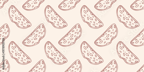 Seamless pattern with bread slices, brown outline doodle flat retro style. Minimalist hand drawn vector illustration for bakery wrapping paper, packaging, food decor, isolated on beige background