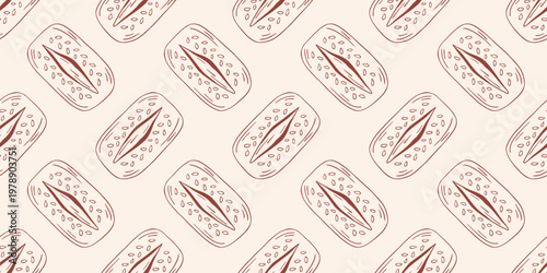 Seamless pattern with artisan seeded bread, brown outline doodle flat retro style. Minimalist hand drawn vector illustration for bakery wrapping paper, cafe textile, food decor, beige background.