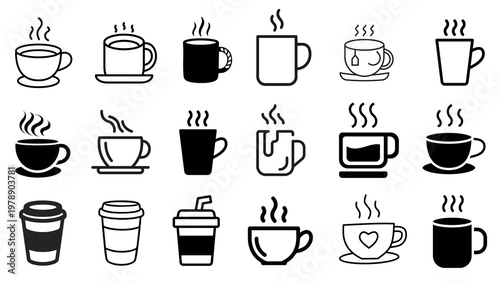 Fotografie Coffee and Tea Cup Icon Set, Hot Drink Mug Vector Illustration Collection, Bever