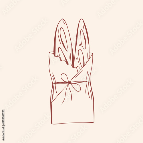 French baguettes in craft paper bag, brown outline doodle flat retro style. Minimalist hand drawn vector illustration for bakery menu, grocery shop, food design, takeaway concept on beige background.