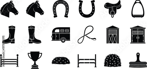 Collection of equestrian icons featuring horse heads equipment and stable items in silhouette