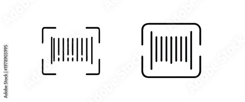 Business and finance line icons set featuring barcode scanner, digital code, product label, inventory tracking, and retail identification vector illustration with editable stroke.