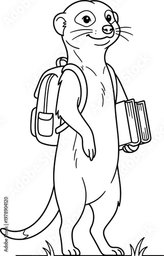 A student meerkat smiling with books and a backpack in a line art style
