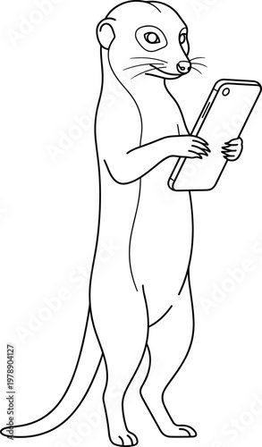 Cartoon meerkat using a smartphone, cheerful expression, standing on white background
