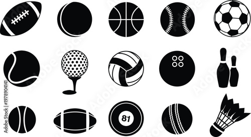 A collection of fifteen black and white sports ball icons including football and soccer