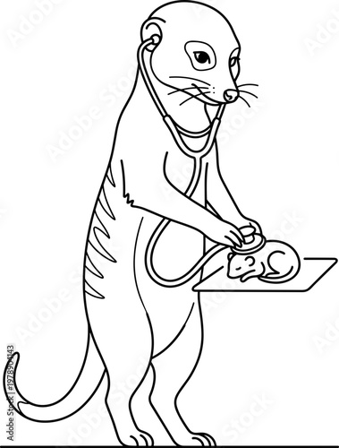 Cartoon otter veterinarian examining a mouse with a stethoscope in a clinic setting

