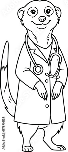 Cartoon meerkat doctor smiling in a lab coat with stethoscope
