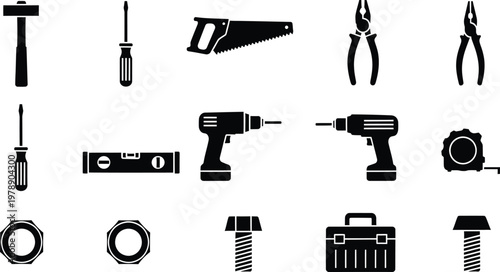 Collection of black tool silhouettes including hammers, screwdrivers, saws, and power drills.