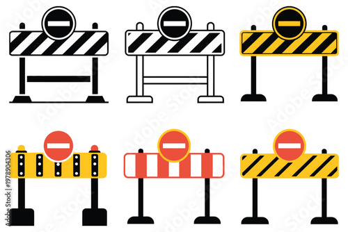 Construction barrier icon pack, roadblock and stop traffic symbols, highway under construction signs, restricted travel warning graphics, safety and caution indicators, traffic control icons