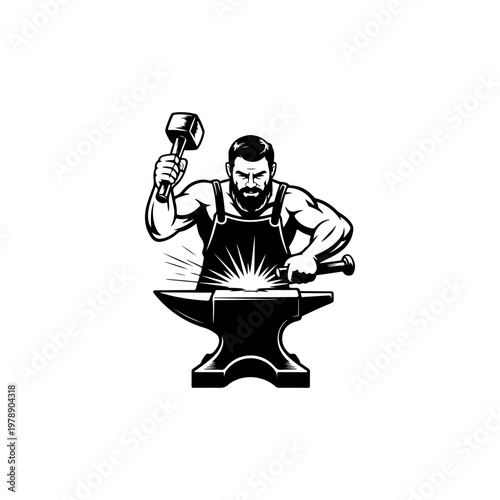A black and white vector silhouette of a blacksmith working at an anvil with a hammer. A strong, traditional design perfect for metalwork and craft branding.