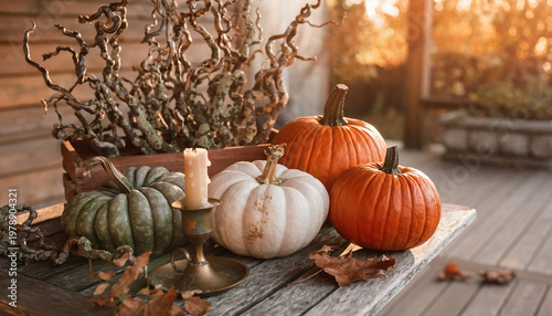 Rustic Halloween pumpkins and dried branches in golden hour sunlight