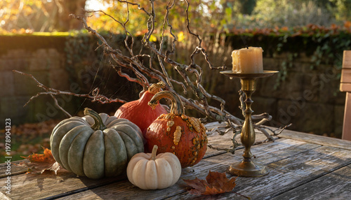 Rustic Halloween pumpkins and dried branches in golden hour sunlight
