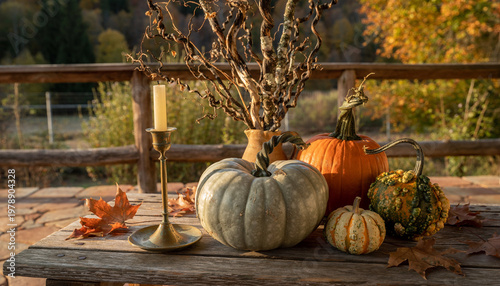 Rustic Halloween pumpkins and dried branches in golden hour sunlight