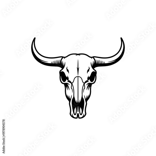 A black and white vector illustration of a bull skull with long horns. A classic, rustic design perfect for western, ranch, and southwestern-themed branding.