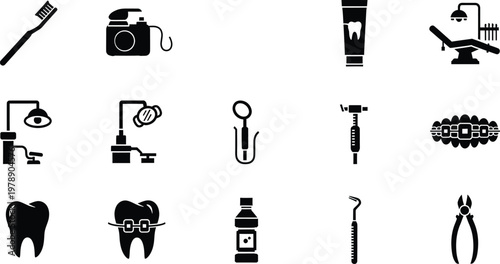 Black and white icons representing various professional dental tools and daily oral care products