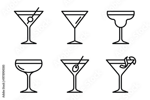 Martini and cocktail glasses line icons set vector illustration line art mixed drink cocktail margarita glassware beverage illustration collection