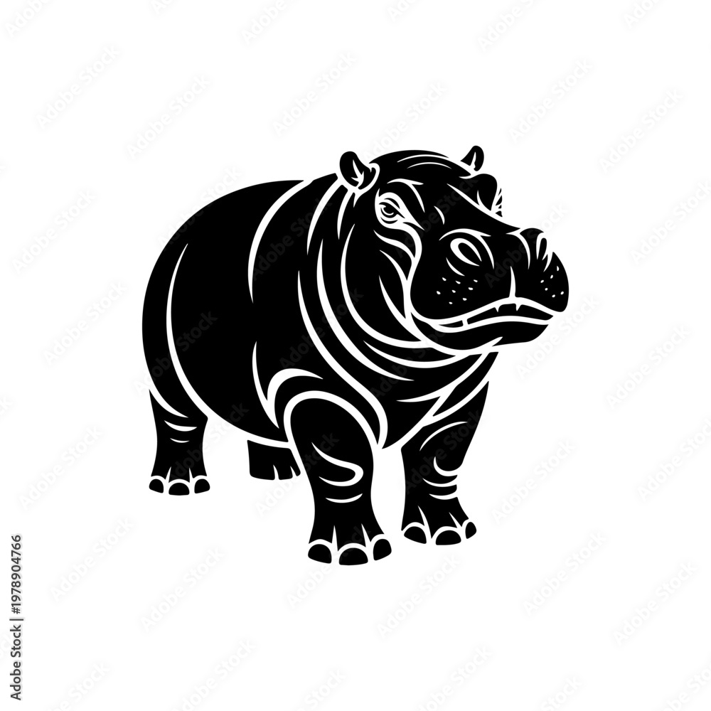 Obraz premium A black and white vector silhouette illustration of a hippopotamus. A robust, bold design perfect for zoo, wildlife, or nature-themed branding and graphic projects.