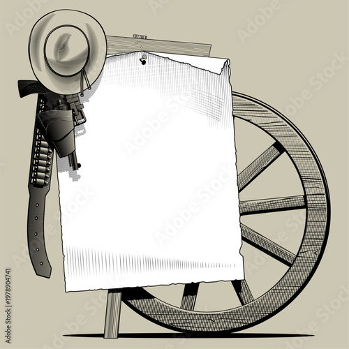 Vintage Western wanted poster template with a cowboy hat, revolver, bullets, and cart wheel. Blank parchment paper for text. Color vector illustration in 
engraving style.
