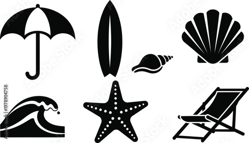 Summer beach icons bundle surf shells umbrella minimal silhouette vector set
