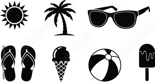 Summer vacation glyph icons sun palm tree sunglasses beach essentials vector bundle