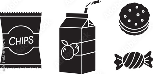 Snack food glyph icons chips juice candy minimalist vector set for ui app web design