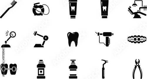 Collection of black dental and oral hygiene icons for dentistry and stomatology clinics