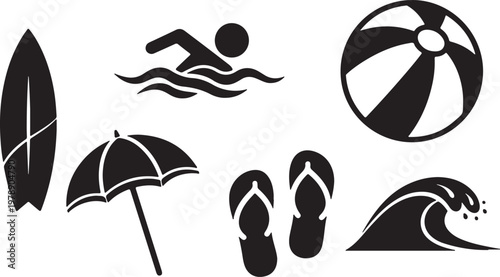 Summer beach icons bundle surfboard swim beach ball parasol more silhouette vector set
