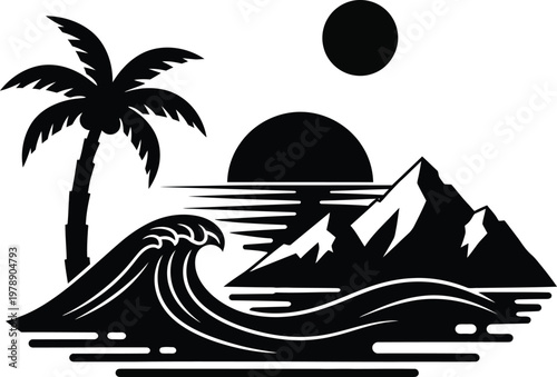Tropical beach landscape silhouette icon set palm tree wave mountain sun vector bundle