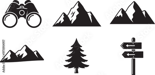 Tableau sur toile Mountain adventure icon set hiking biking nature vector silhouette bundle