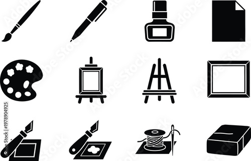 Collection of black and white icons representing various art and craft tools for creative design.
