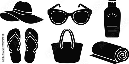 Summer vacation glyph icon set beach essentials sunglasses hat sunscreen vector