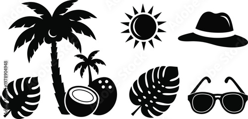 Summer vacation silhouette icons palm tree sun coconut beach essentials vector bundle
