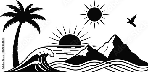Tropical beach silhouette icon set palm tree sun wave mountain vector bundle