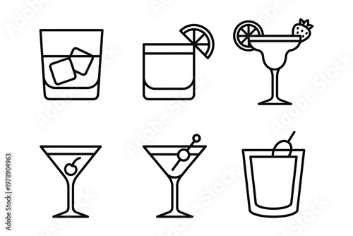 Set of six linear illustrations of various alcoholic and non alcoholic drinks in glasses with cocktail margarita strawberry illustration refreshment