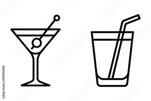 Two line art icons of drinks a martini glass with olive and a highball glass with straw cocktail illustration refreshment beverage drinkware celebration