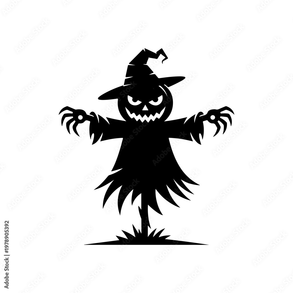 Fototapeta premium A black and white vector silhouette of a spooky scarecrow with a jagged, menacing grin and a tattered hat. A perfect design for Halloween themes and decorations.