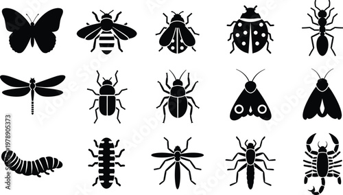 Collection of black and white insect and arachnid icons featuring a butterfly, bee, and scorpion.