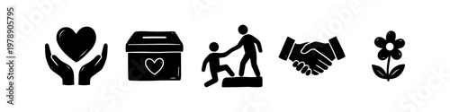 Hand-drawn charity icons including heart hands, donation box, helping hand, handshake, and flower. Symbols of kindness, support, volunteering, and community cooperation on white background.