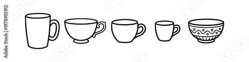 Minimalist black and white line art illustration featuring a set of various cups, mugs, and a decorative bowl. Ideal for cafe menus, kitchen decor, and beverage branding.