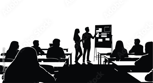 Business people presenting data on whiteboard in meeting room with colleagues sitting around tables in office setting