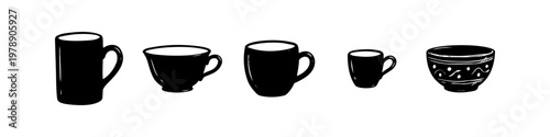 Minimalist set of black silhouettes featuring various coffee mugs, teacups, and a bowl on a white background. Hand-drawn style icons for kitchenware, beverage, and cafe design.