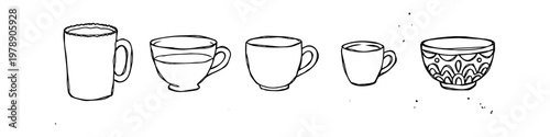 Set of hand-drawn minimalist coffee cups, mugs, and a decorative bowl in black ink line art style. Isolated vector sketch of various kitchenware for cafe or home kitchen themes.