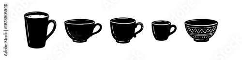 Set of hand-drawn black silhouettes of various cups, mugs, and a bowl, isolated on white background. Minimalist doodle style for coffee, tea shop branding or cafe menu design.