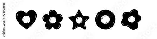 A set of five playful black fried egg icons in various shapes including heart, flower, star, and circle. Minimalist vector silhouettes for modern breakfast or food-themed graphic designs.