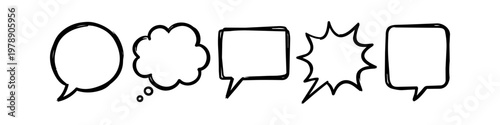 Set of five hand-drawn speech and thought bubbles in a sketchy doodle style. Collection of comic dialogue balloons isolated on white background for communication and storytelling concepts.