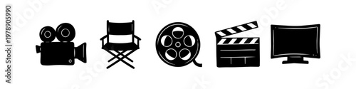Set of black silhouette icons for cinema and filmmaking including a movie camera, director's chair, film reel, clapperboard, and television monitor on a white background.