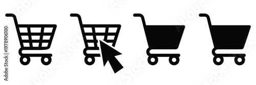 Web store shopping cart icon pack, online shop buy symbols, ecommerce purchase graphics, internet retail checkout icons, digital marketplace elements, shopping basket signs