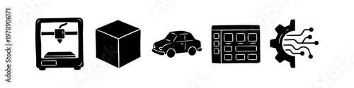 Set of hand-drawn black icons for 3D printing, automotive design, digital interfaces, and smart manufacturing. Minimalist silhouette symbols for industry 4.0 and engineering concepts.