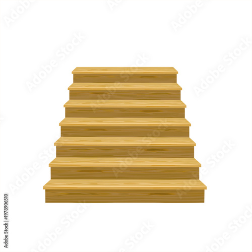 Classic straight wooden staircase with natural wood texture, realistic steps illustration isolated on white background for interior design and architecture concepts